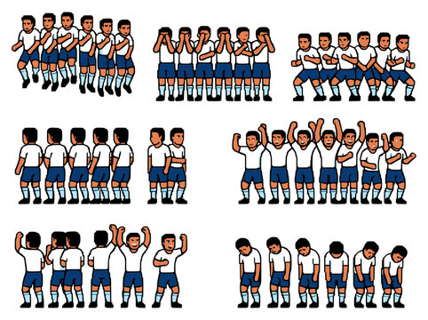 Pixel art soccer team with various poses, arcade game style