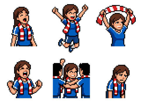 Pixel art soccer fan sprite sheet with six poses