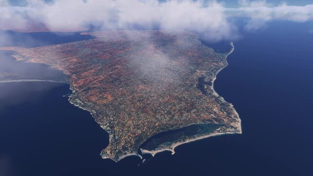 Circular aerial drone shot of Jerba Island. Tunisia