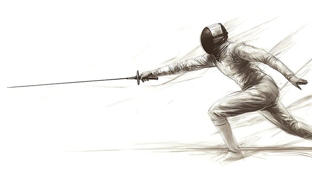 Fencer's Artistic Thrust: A skilled fencer, in motion, poised with a rapier for a strategic thrust, embodying the grace and intensity of competitive fencing.