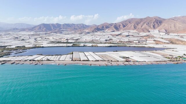 plastic sea beach agriculture greenhouse coastline invernaderos coast roof industry farming intensive water climate environment mountain drone aerial architecture - Andalusia, Spain - 2025