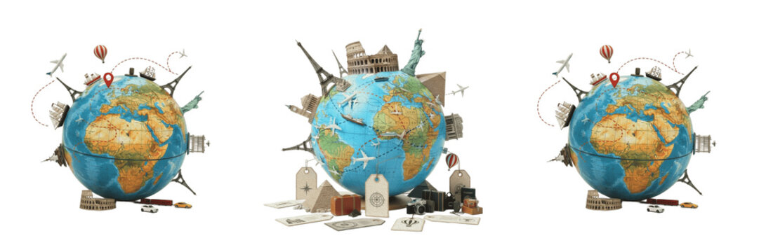 Global Travel and Tourism Concept PNG: 3D Earth Globe with Famous Landmarks, Airplanes, and Luggage Tags, Transparent Isolated World Vacation Clipart Design (166 characters)