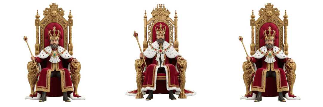 3D King Character Sitting on Gold Throne for Leadership Power and Royal Authority Design PNG