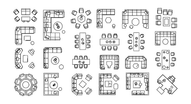 architectural furniture symbols floor plan layouts and interior design elements as cad plan vector icons for modern room arrangements.