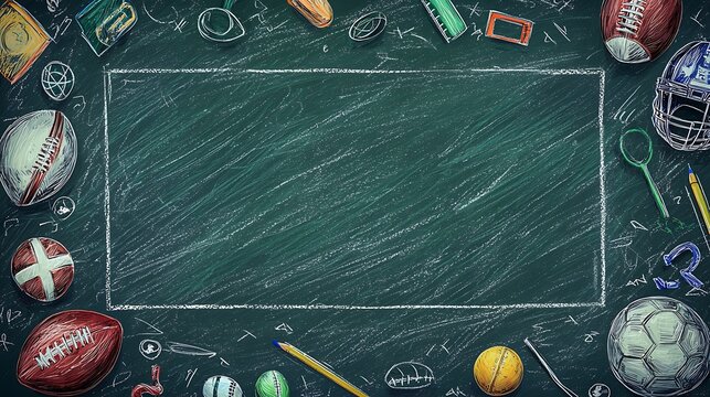 Back to School: A blackboard with various sports items in education setting. 