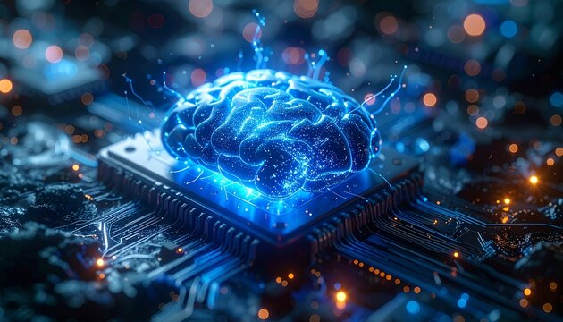 Brain-Computer Interface Chip with Neural Threads on Circuit Board &mdash; AI Concept