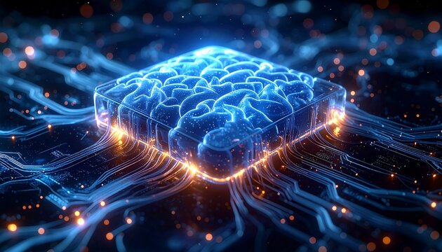Glowing Blue Brain inside Transparent BCI Chip Casing &mdash; AI Neural Tech