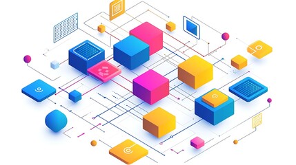 Fototapeta premium Digital Abstract Blocks: A modern graphic composed of vibrant, interconnected blocks and lines, suggesting data flow and digital connectivity in a futuristic and minimalist aesthetic.