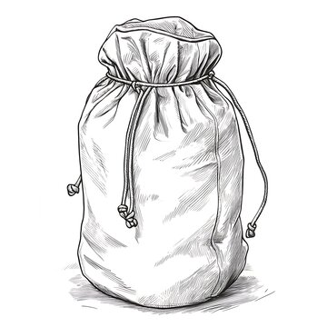Drawstring Bag Illustration: A classic, hand-drawn image of a closed drawstring bag, rendered in detailed monochrome, ideal for design projects requiring an illustration of a classic bag. 
