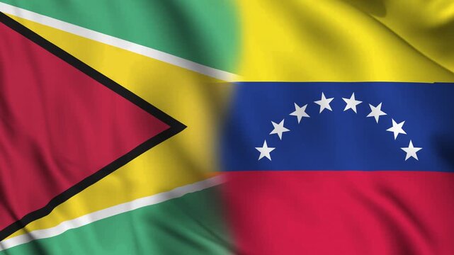 Horizontally aligned combined Guyana and Venezuela flags are waving in wind. Realistic slow motion loop animation, symbolizing neighboring ties and shared regional history.
