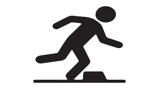 Tripping hazard warning sign icon, man falling over obstacle on floor, safety caution symbol, black silhouette pictogram on white background.