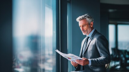 Fototapeta premium Mature Businessman Reviewing Documents by the Window: A distinguished, gray-haired businessman in a sharp suit stands by a large window, intently reviewing documents.