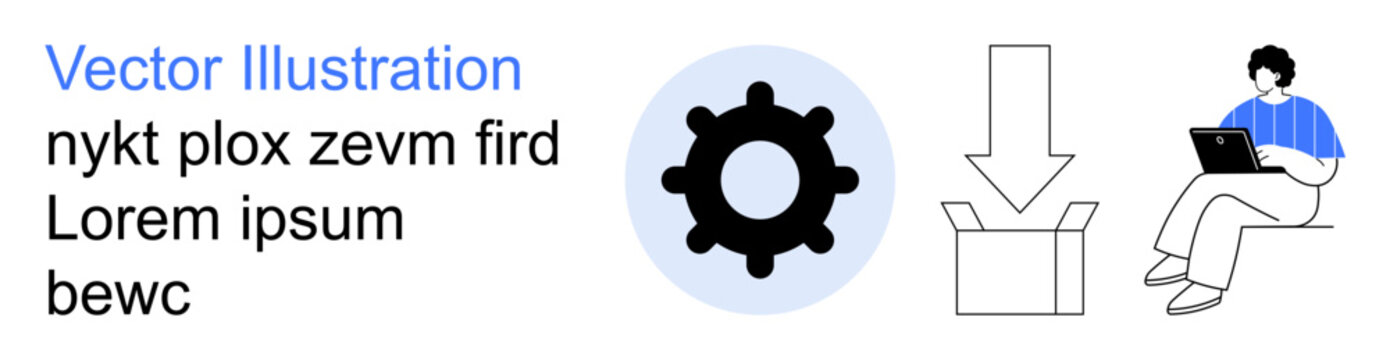 Technology processes, software installation, work efficiency, digital tasks, productivity, online work. Gear icon, download arrow person on laptop. Technology processes and software installation