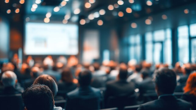 Focus on the Presentation: An atmospheric view inside a large conference room, the image filled with the collective energy of attendees. Soft focus adds depth to the scene, as audience members gather.