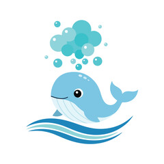 Obraz premium An adorable blue whale leaps over ocean waves, spouting a whimsical cloud of bubbles from its blowhole in a charming, minimalist vector style.