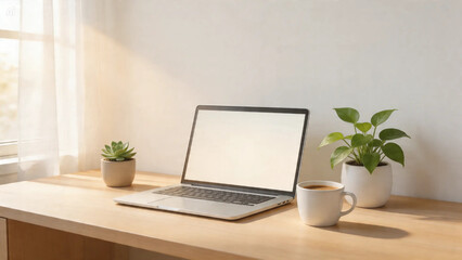 Fototapeta premium Modern office interior with a laptop on the table in an empty workspace