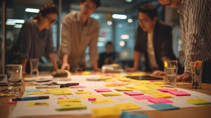 Obraz premium Collaboration and Innovation: A team engages in collaborative brainstorming, surrounded by a vibrant array of sticky notes, papers, and sketches, symbolizing creativity and dynamic teamwork