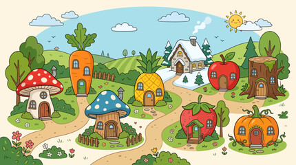 Naklejka premium Whimsical Fantasy Village with Fruit and Vegetable Shaped Houses