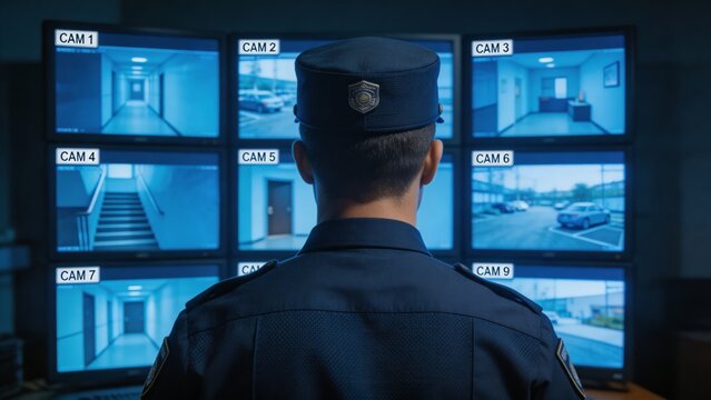A security guard in a uniform is intently monitoring multiple surveillance cameras on a large screen display in a dark room, ensuring safety and security.