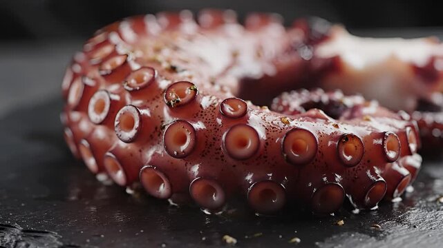 Closeup of a cooked octopus tentacle with suction cups visible.