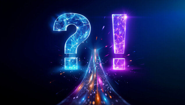 Colorful question and exclamation marks glowing against dark background  