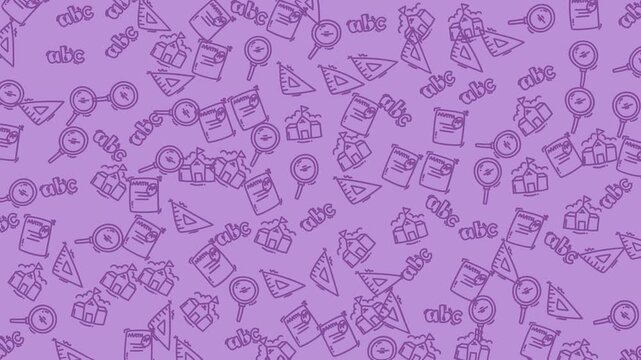 Repeated doodle patterns on a purple background suitable for backgrounds, wallpapers, stationary, textiles, and digital designs. Versatile and colorful design.