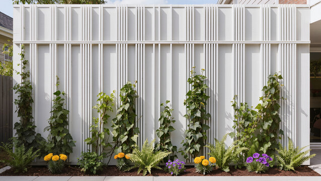 Contemporary White Vertical Slat Fence with Lush Garden Plants