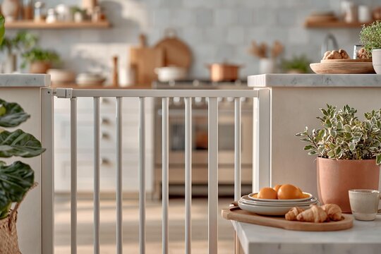 A baby gate installed in a bright, modern kitchen, preventing access to the stove