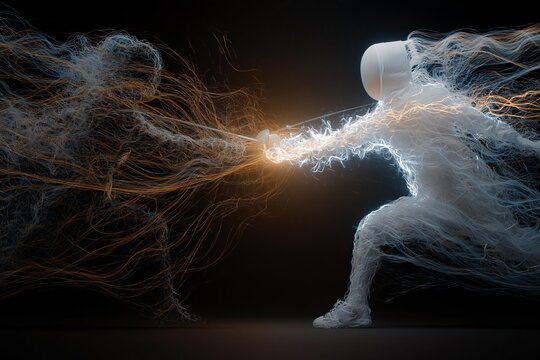 Two abstract figures dueling with swords made of light and energy
