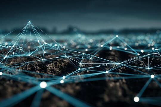 Abstract futuristic network grid over dark soil background