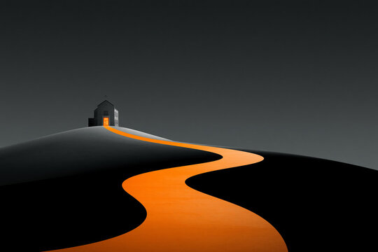 Lone figure by a glowing church on a surreal, winding orange path under dark sky