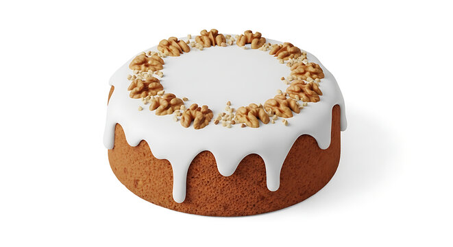 Round frosted cake with white icing and walnuts, a simple baked dessert, perfect for celebrations and baking concepts