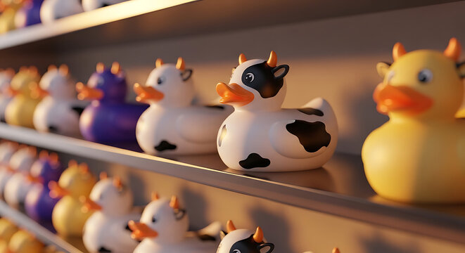 Row of novelty rubber ducks with cow, yellow, and purple patterns displayed on shelves, cute bath toys arranged neatly