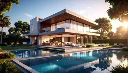 Fototapeta premium Modern luxury villa with glass walls, surrounded by lush greenery, reflected in a tranquil pool