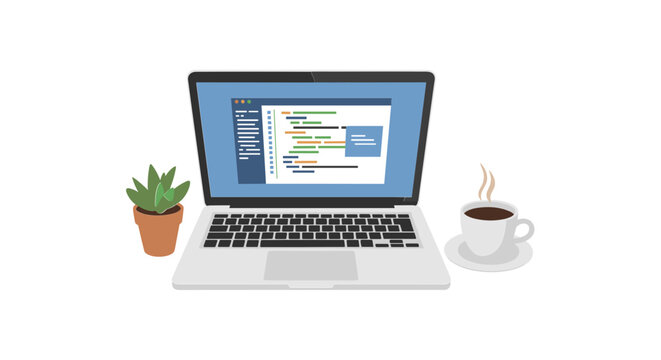 Laptop displaying code, coffee cup, and potted plant on white background