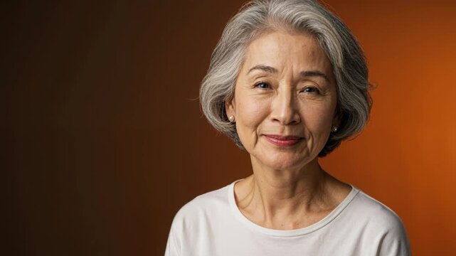 Timeless Elegance: A captivating portrait of a serene older woman, her silver hair frames a face etched with wisdom and grace, conveying a lifetime of experiences and quiet confidence.