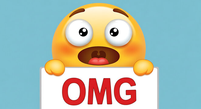Surprised emoji holding OMG sign.