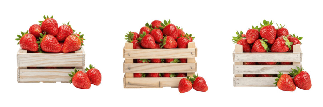 Set of Wooden Crate of Fresh Red Strawberries with Isolated on White Background, PNG