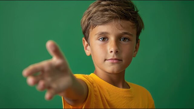 Offering a Hand: A young boy extends a welcoming hand, his eyes conveying sincerity and approachability, against a vibrant green backdrop.