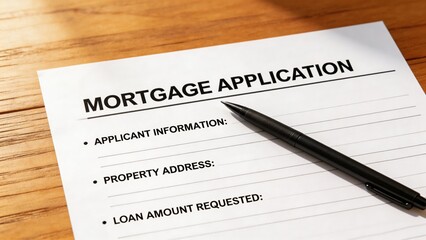 Obraz premium A mortgage application form with a pen on a wooden table, ready for filling out, representing a crucial step in the home buying process, requiring careful consideration and planning