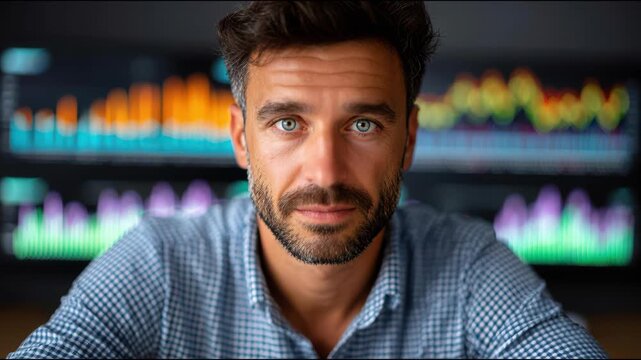 Confident Trader at Work: A focused finance professional is deeply engrossed in stock market analysis, with real-time data streams displayed on multiple monitors.