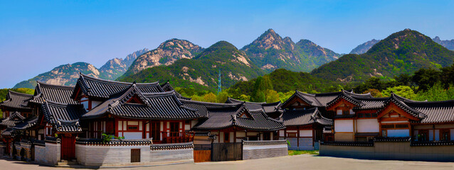 Fototapeta na wymiar Korean Culture Series: Seoul spring panoramic landscape at Eunpyeong Hanok Village and Bukhansan Mountain National Park after rain in South Korea