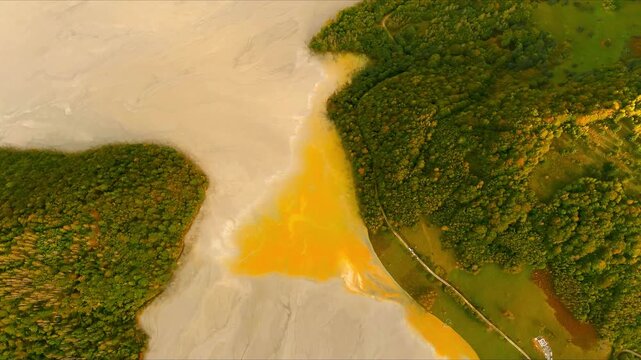 Aerial view of the toxic tailing pond with grey and yellow chemical sludge surrounded by green forested hills in Geamana, Alba County, Romania.