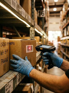 Close view of hands scanning inventory barcode in warm warehouse light