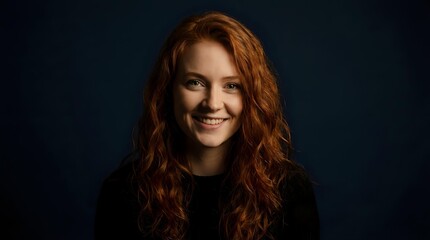Fototapeta premium Portrait of smiling young Caucasian woman with curly red hair against dark background for professional headshot and business photography.