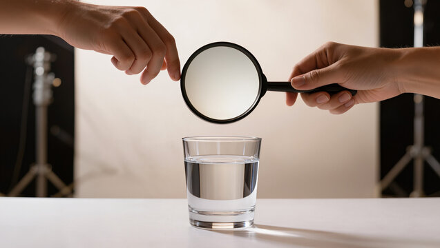 Hands holding a magnifying glass over a water glass