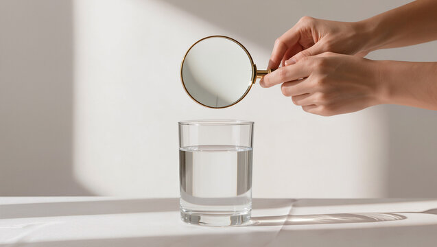 Hands Holding Magnifying Glass Over Water-Filled Tumbler in Sunlight