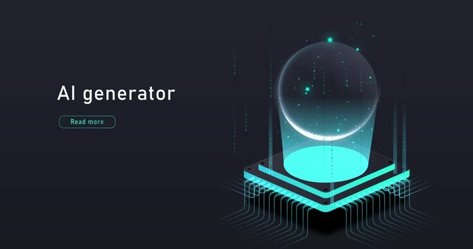 AI generator concept. Banner with microchip and holographic effect. Artificial intelligence, neural networks, and innovative technologies. Isometric 3D animated graphics.