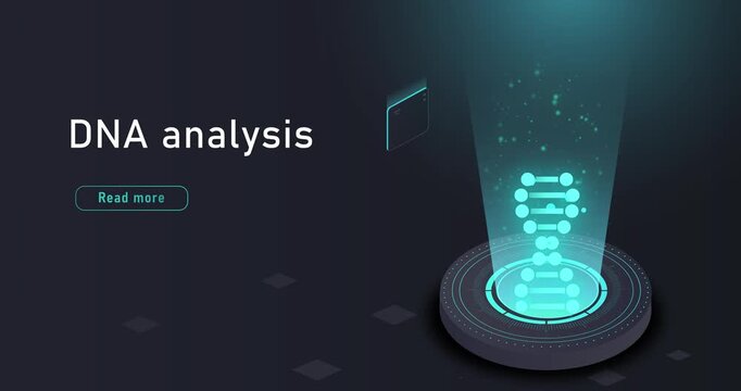 DNA analysis. Banner with glowing hologram of deoxyribonucleic acid molecule. Medical or scientific research of gene structure. Innovative healthcare. isometric 3D animated graphics