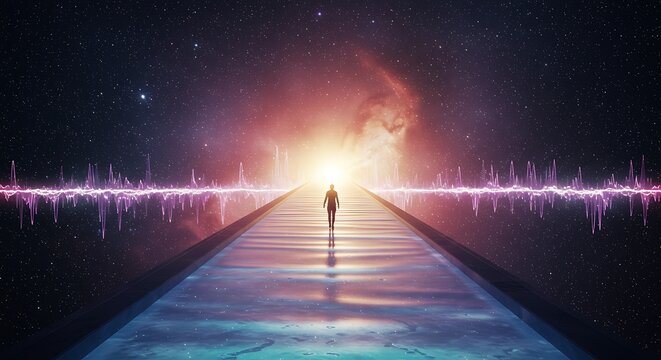 Person walks towards bright light on illuminated pathway in space